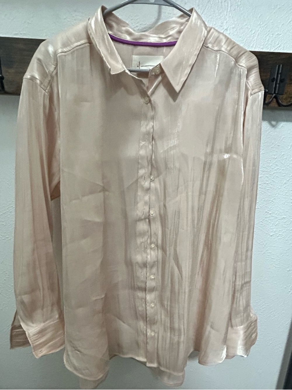 Anthropologie Blush Satin Blouse with Purple Trim